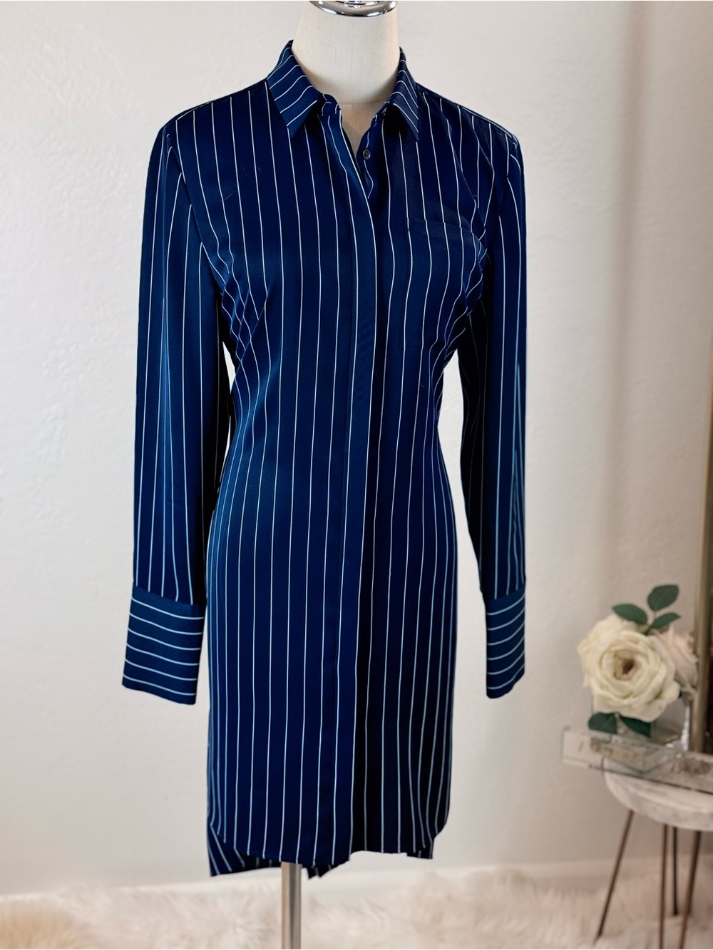 Armani Exchange Navy Blue Striped Belted High-Low Tunic Shirt Dress Size M⁠edium